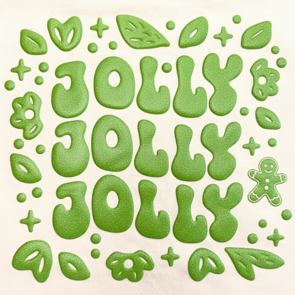 Jolly Leaves & Mistletoe Glitter Puff Screenprint Transfer
