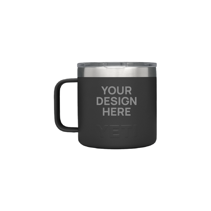 YETI 14oz Mug in Black with a 'Your design here' engraving area