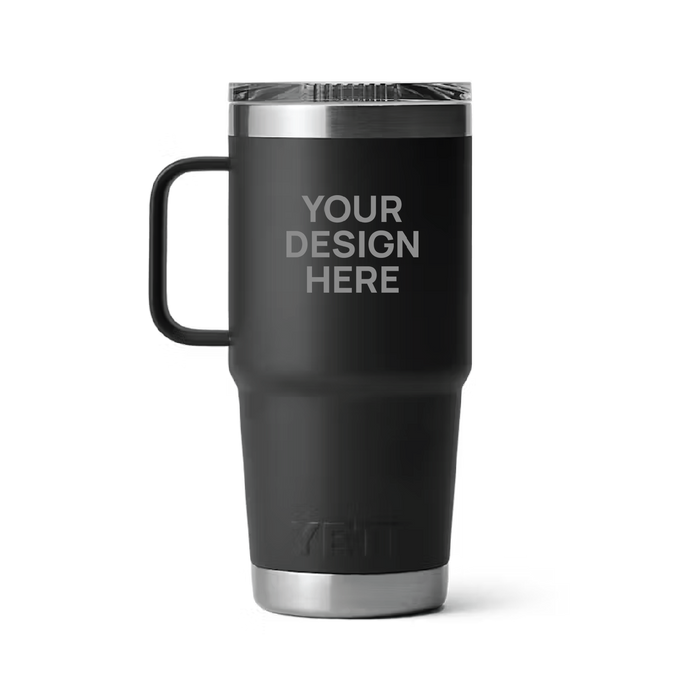 YETI 20oz Travel Tumbler in Black with a 'Your design here' engraving area