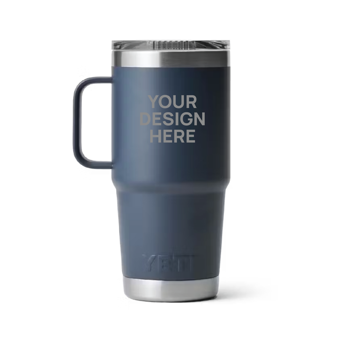 YETI 20oz Travel Tumbler in Navy with a 'Your design here' engraving area