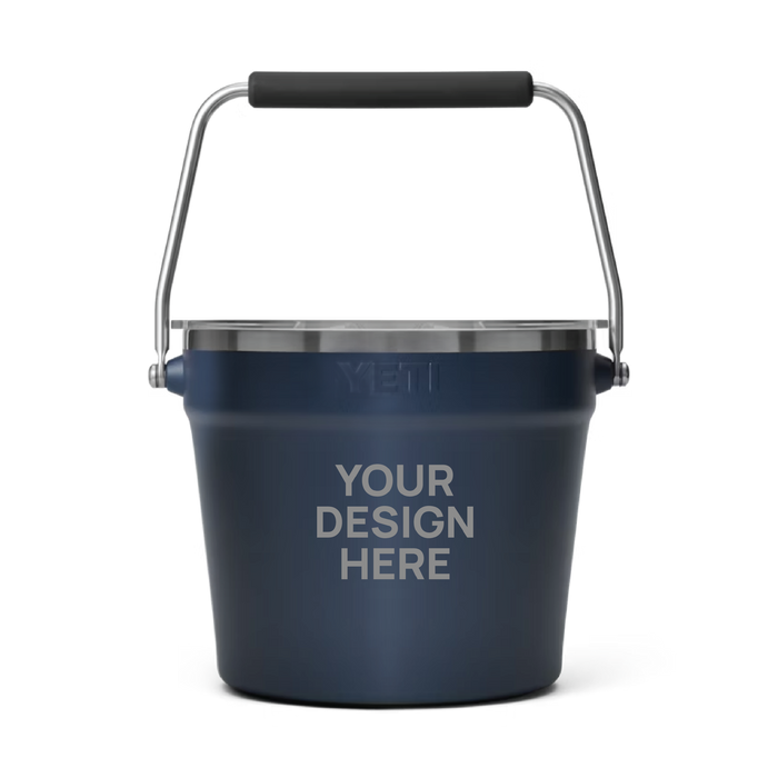 YETI Beverage Bucket in Navy with a 'Your design here' engraving area