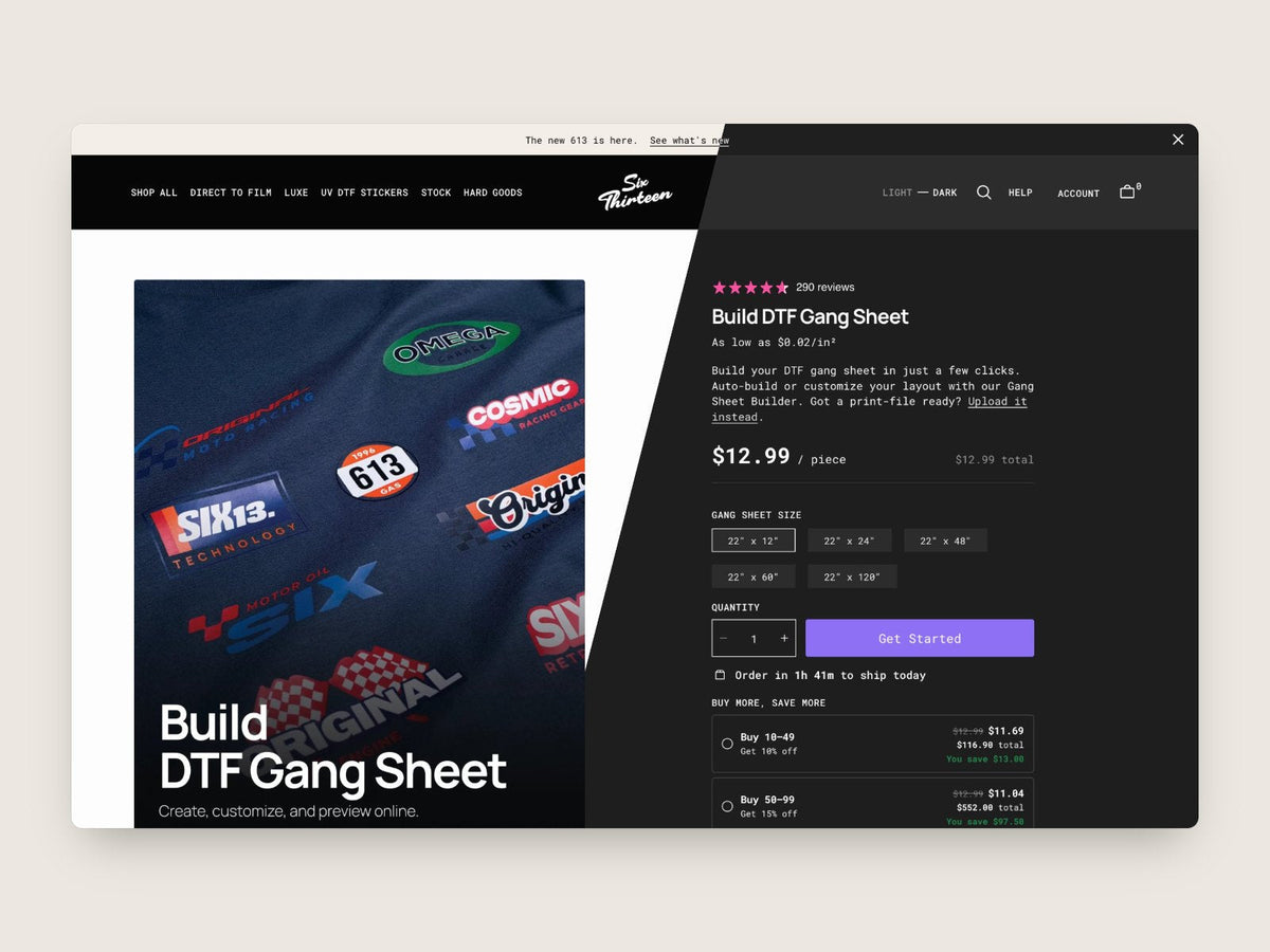 A product page in light mode and dark mode