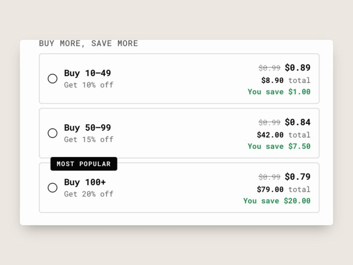 Volume pricing cards showing savings per quantity