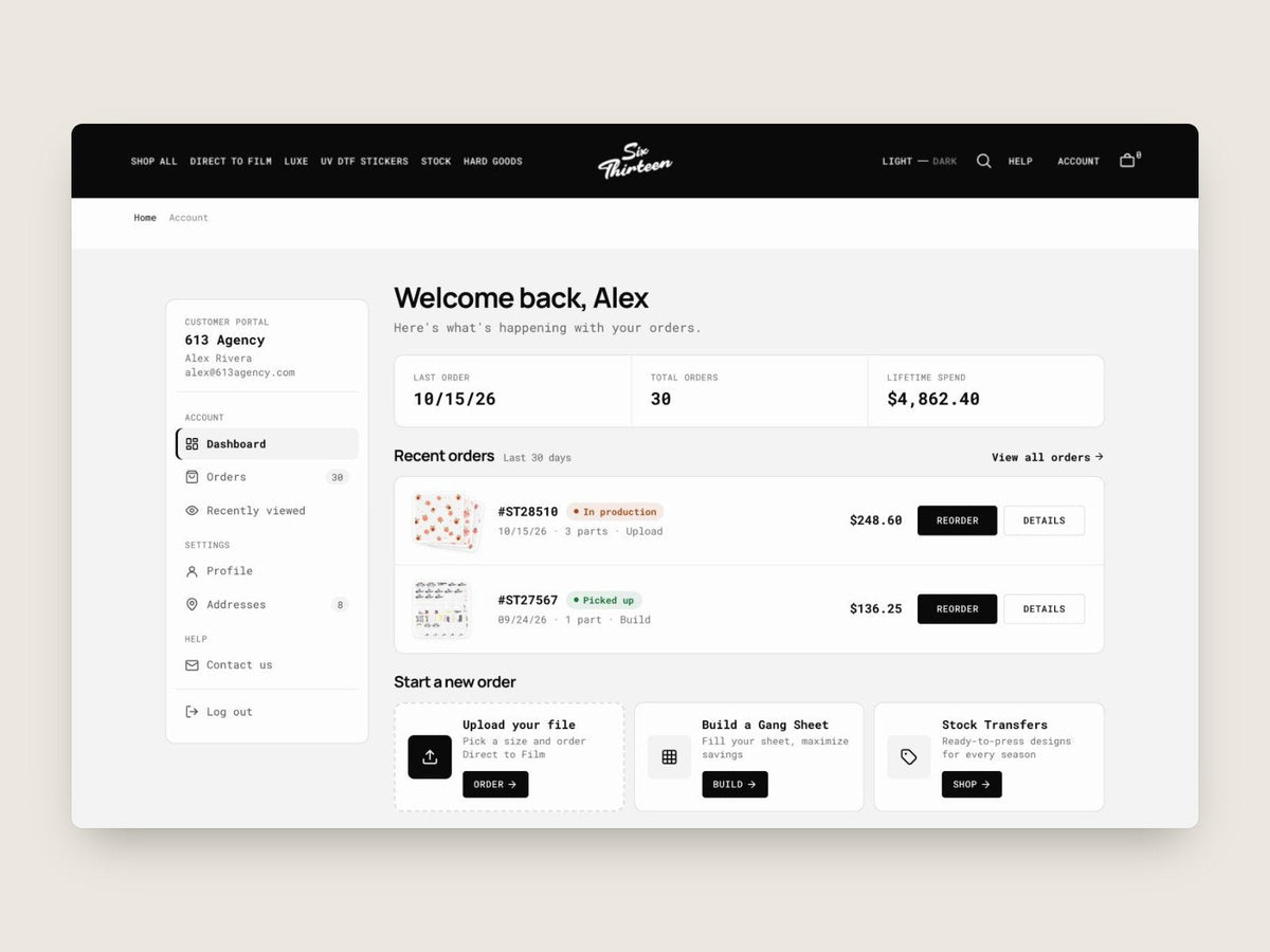The new account dashboard with recent orders and reorder buttons
